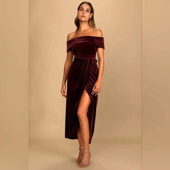 Lulus I'm Enchanted Burgundy Velvet Off-the-Shoulder Maxi Dress XL Wedding Party - Picture 2 of 10